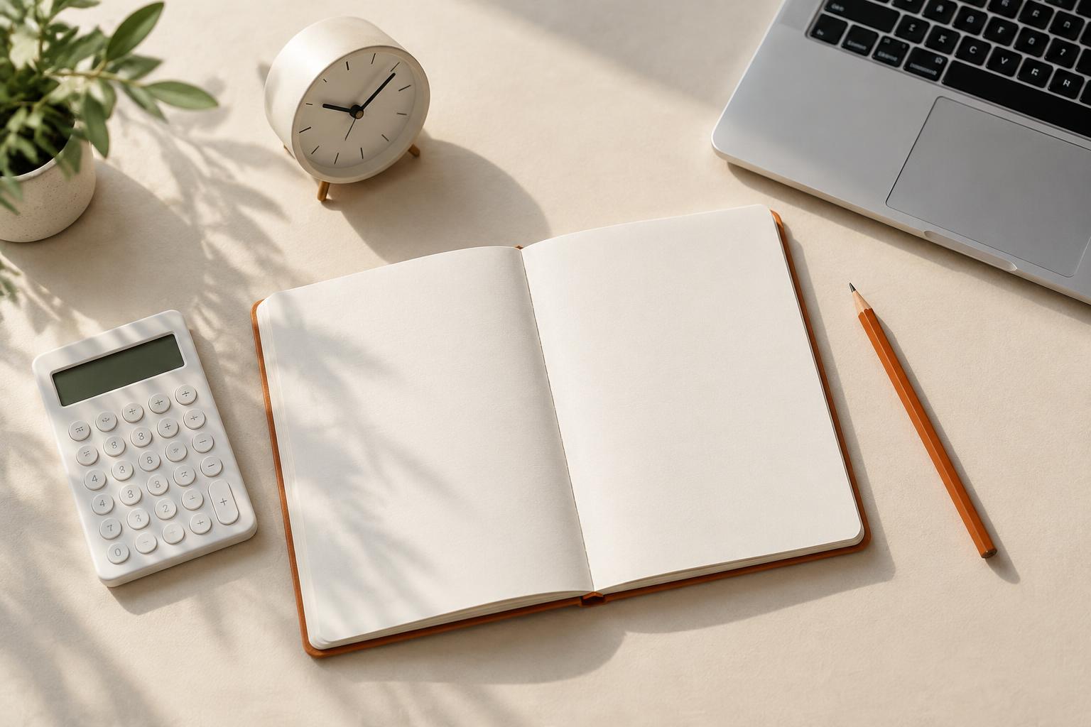 Notebook, calculator and clock on a studio desk